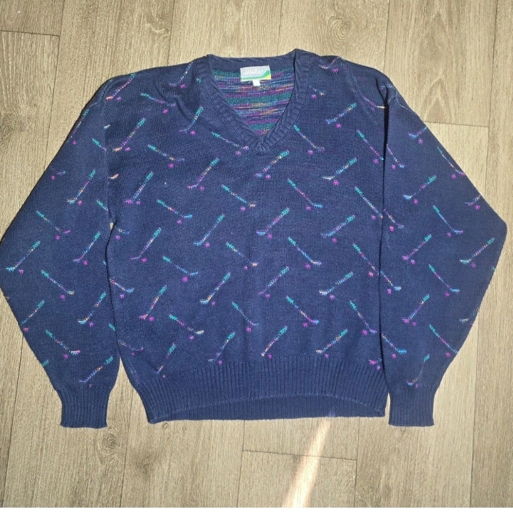 Women's Sahara V-Neck Sweater Large in Navy with Pattern Vintage Early 90s